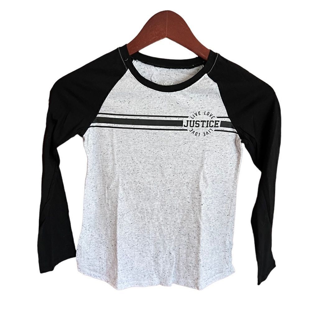 Justice baseball style long sleeved black and white t-shirt girl’s size 8
